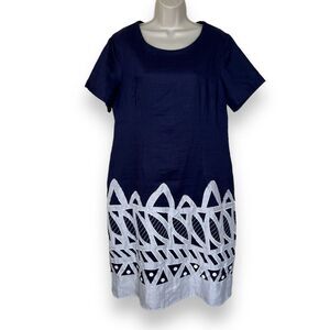Studio EY Linen Navy White Applique Button Sheath Dress Short Sleeve Women Large